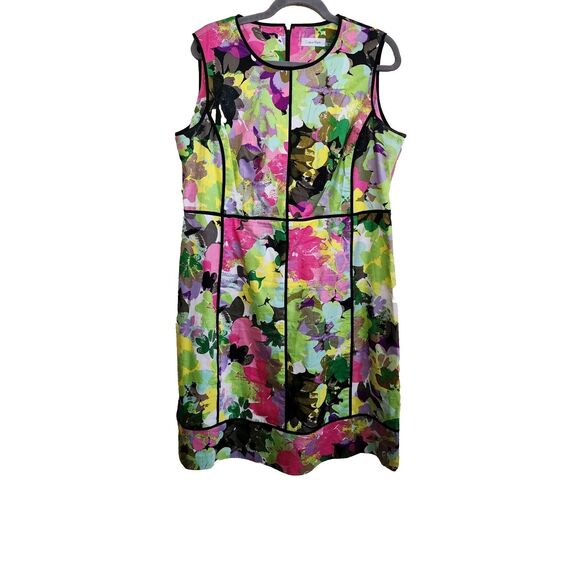 Calvin Klein Plus size 16 Sheath Cocktail Career dress Multi Color Lime Pink EUC - Picture 1 of 9